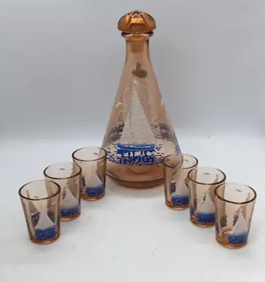 Buy Peach Decanter And Six Glasses With Ship Motif • 14£