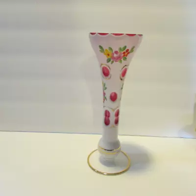 Buy Vintage Bohemian White Glass Cut To Pink Vase Floral Decorative Valentine Decor • 21.73£