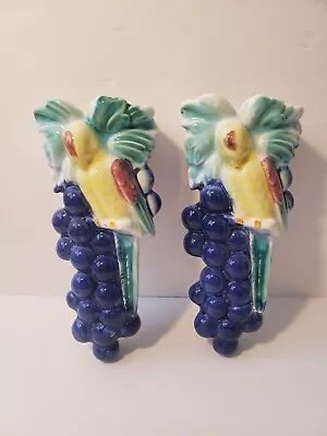 Buy Vintage Colorful Art Pottery Parrot Bird Wall Pocket Planter Vase W/ Grapes Set • 19.05£