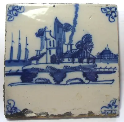 Buy Antique 18th Century Blue Painted Dutch Delft Tile - Farm Smoking Chimney • 19.99£