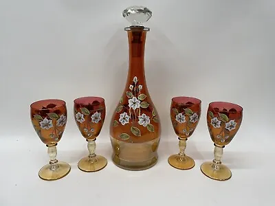 Buy Beautiful Antique Cranberry Glass Decanter And Glasses With Painted Flowers • 59£