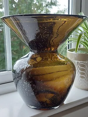 Buy Large Vintage Heavy Brown Bubble Glass Vase Hand Blown 1990s • 95£