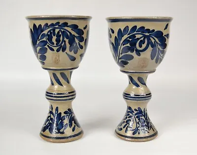 Buy Pair Tall Goblets Handpainted Salt Glaze Stoneware With Unknown Potters Mark • 23.71£