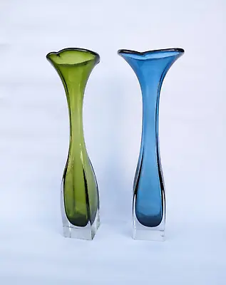 Buy Pair Vintage Blue Green Bo Borgstrom Aseda Glasbruk Art Glass Vases MCM Sweden • 30£