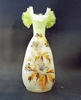 Buy Antique Victorian Pale Green Satin Glass Vase - Hand Painted Floral Decoration • 29.99£