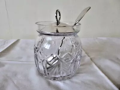 Buy Vintage Cut Crystal Glass - Silver Plate Lid & Spoon - Preserve Jam Pot -J Dixon • 10.99£