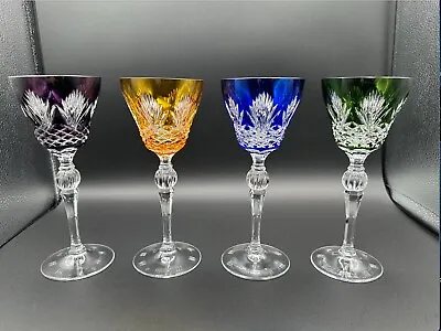 Buy Set Of 4 Colorful BOHEMIAN CZECH CRYSTAL Vtg Wine Glasses, Color Cut To Clear • 280.66£