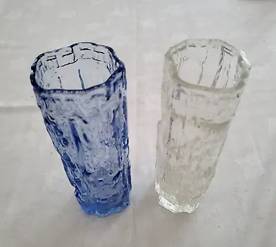 Buy Pair Of Bark Effect Glass Vases Whitefriars Style - 1 X Blue & 1 X Clear Glass • 16.50£