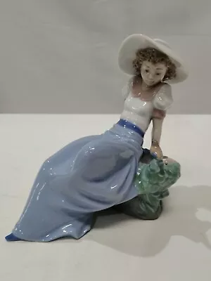 Buy Nao Lladro Figure Girl Sitting On Rock With Hat &Bird Listening To The Bird Song • 25£