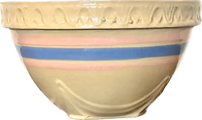 Buy Vintage McCoy Pottery Yellow Ware Pink Blue Stripe Bowl 9inch Pie Crust Rim USA • 45.33£