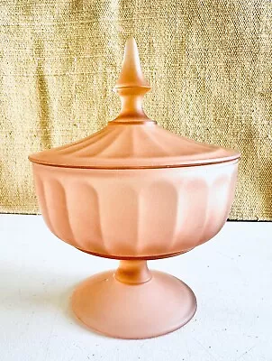 Buy Vintage Peachy Pink Depression Satin Glass Lidded Pedestal Compote / Candy Dish • 28.41£