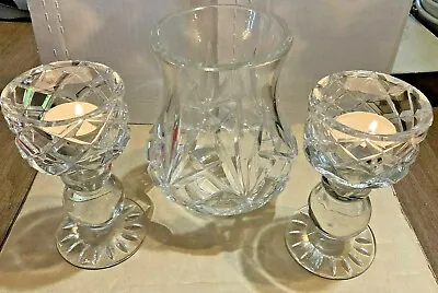 Buy Vintage Heavy CRYSTAL CUT GLASS HURRICANE CANDLE HOLDER Set  3 Piece  • 24£