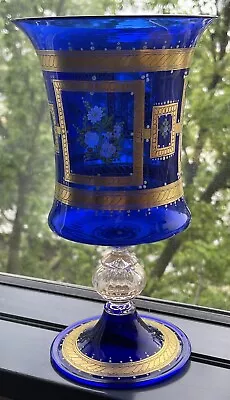 Buy Vintage Cobalt Blue Bohemian Czech Hand Painted Flowers & Gold Trim Vase Signed • 47.39£