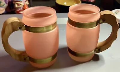 Buy Siesta Ware Frosted Glass Mugs Pink Salmon Banded Wood Handle Vintage Set Of 2 • 20.79£