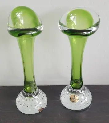 Buy Hans Geismar Swedish Art Glass Candle Stick Holders Pair | Green Bud Vase • 39.99£