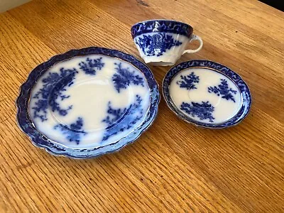 Buy Antique Flow Blue TOURAINE Lunch Salad Plate, Saucer And Cup Stanley Pottery • 70.99£