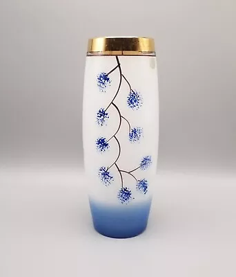 Buy 1950s Bohemian Blue White Cylindrical Vase Handpainted Florals Over Clear Glass • 6£