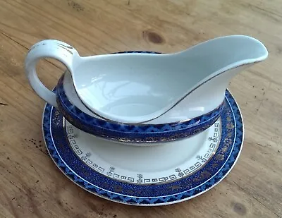 Buy Vintage Booths Silicon China Gravy Boat And Plate White & Blue Gilt Edge • 10.50£