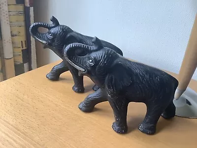 Buy Pair Of Antique Pottery Elephants, Painted Black On White Pottery Base. • 20£