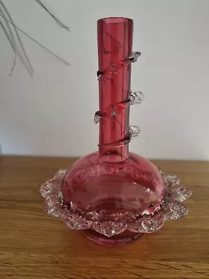 Buy Vintage Cranberry  Glass Bud Vase, Applied Clear Glass Decotation. • 10.50£