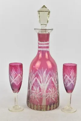 Buy Vintage Bohemian Crystal Cranberry Cut Glass Decanter & 2x Glasses Not Boxed • 29.99£