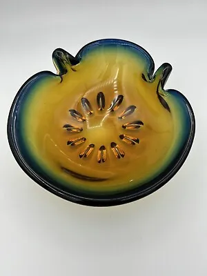 Buy Vintage Murano Glass Blue Amber Sommerso Indented Flower Base Art Glass Bowl 7” • 33.15£