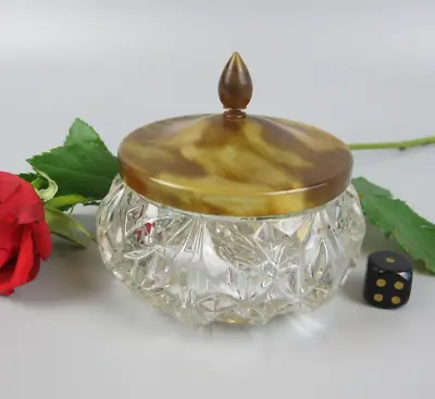 Buy Glass Box Jar Pot W/Faux Turtle Shell Lid. Powder 1920's Vintage. Round Clear 4  • 8.99£