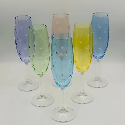 Buy Set /6 Bohemian Czech Glass Crystal Champagne Flutes Multicolor Etched Dots 9” • 57.85£