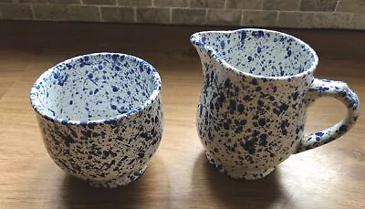 Buy White And Blue Speckled Pottery Jug And Sugar Bowel • 4.99£