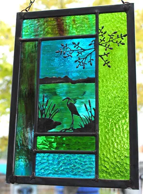 Buy Stained Glass Window Panel Heron Cattails Turquoise Blue Green • 141.03£