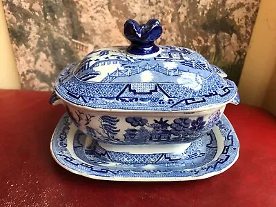 Buy Antique Blue & White Transfer Ware Willow Pattern Sauce Tureen & Under Plate • 38£