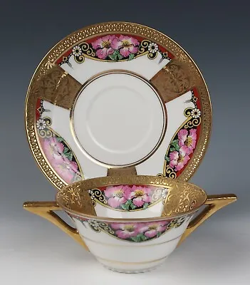 Buy Amazing Limoges France Gold Encrusted & Flowers Art Deco Bouillon Cup Saucer #1 • 113.26£