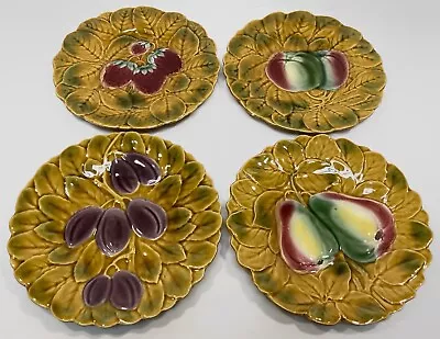 Buy Set Of 4 Sarreguemines Majolica Hand Painted 7.5  Fruit Plates Marked PV France • 62.54£