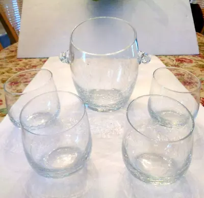 Buy Pier 1 Four Clear Crackle Glass Angled Glasses & Ice Bucket • 48.20£