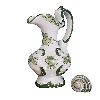 Buy Vintage Hand Painted Vestal Portugal Green White Jug Spring Summer Vase Pitcher • 16£