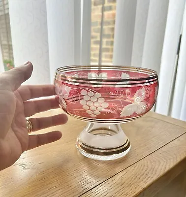 Buy Vintage Bohemia Cut To Clear Ruby Cranberry Glass Rose Bowl 13cm • 17.95£