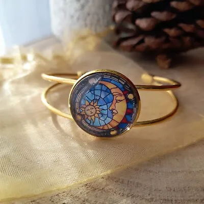 Buy Stained Glass Sun And Moon Bangle Bracelet Adjustable Gold Brass With Gift Pouch • 9.99£