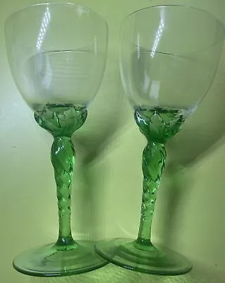 Buy SET 2 VINTAGE BOHEMIAN GREEN HOCK WINE GLASSES 1930s 1940s • 19.95£