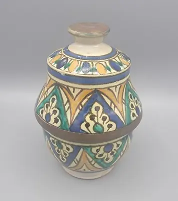 Buy Vintage Moroccan Pottery Ceramic Spice Jar With Lid Brass Detail Signed • 62.94£