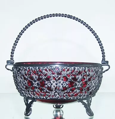 Buy Vintage Cranberry Glass Bowl In Gorgeous Three Legged White Metal Basket - 12cm • 20£