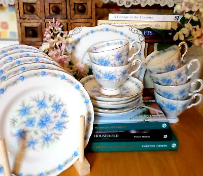 Buy Tea Set VINTAGE 6 Trios + Cake Plate TUSCAN CHINA Floral LOVE IN THE MIST Blue • 70£