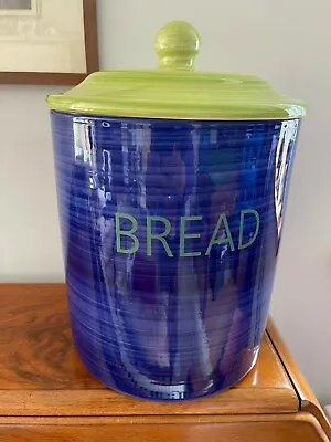 Buy ***pottery Bread Crock/bin*** Bright Blue Base/bright Green Lid • 7£