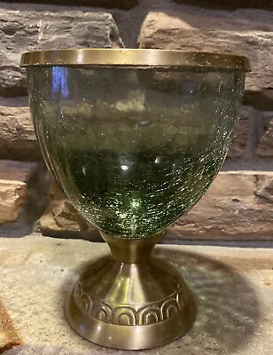 Buy Vintage Crackle Glass Bowl/ Vase With Brass Rim & Footed Bottom Excellent! • 36.64£