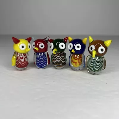 Buy Blown Art Glass Murano Style Miniature Colorful Owl Bird Figurines 1.5  Lot Of 5 • 19.84£