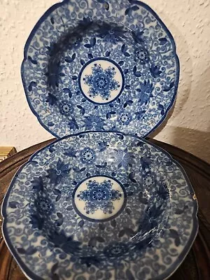 Buy Pair Antique Delft Lotus Flower Pattern Shallow Bowls • 24.99£