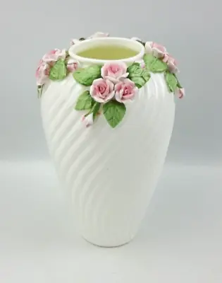 Buy White Fine China 18.5cm Swirl Vase With Raised Pink Roses • 16£