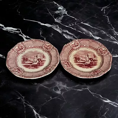 Buy C.1852 Staffordshire J Holland - 2 Plates Red White Transferware England Carrara • 71.15£