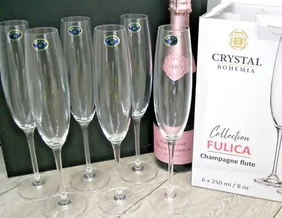 Buy Bohemia Crystal  Fulica  Boxed Set Of 6x Extra Tall Champagne Flutes -New In Box • 34£