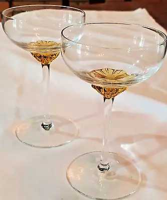 Buy Barware Champagne/Martini Coupe Glasses Topaz/Marigold Center Vtg Crystal Pair • 50.20£