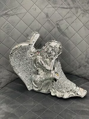 Buy XXL Sitting Angel Silver Sparkle Crushed Diamond Ornament Best For Home Decor • 21.49£